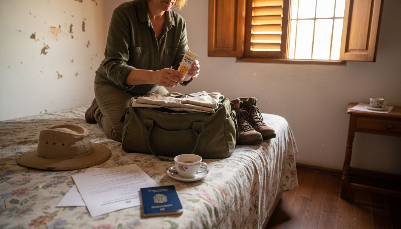 Una mujer prepara su equipaje para un safari en la habitación de invitados, organizando todo lo necesario para la aventura.