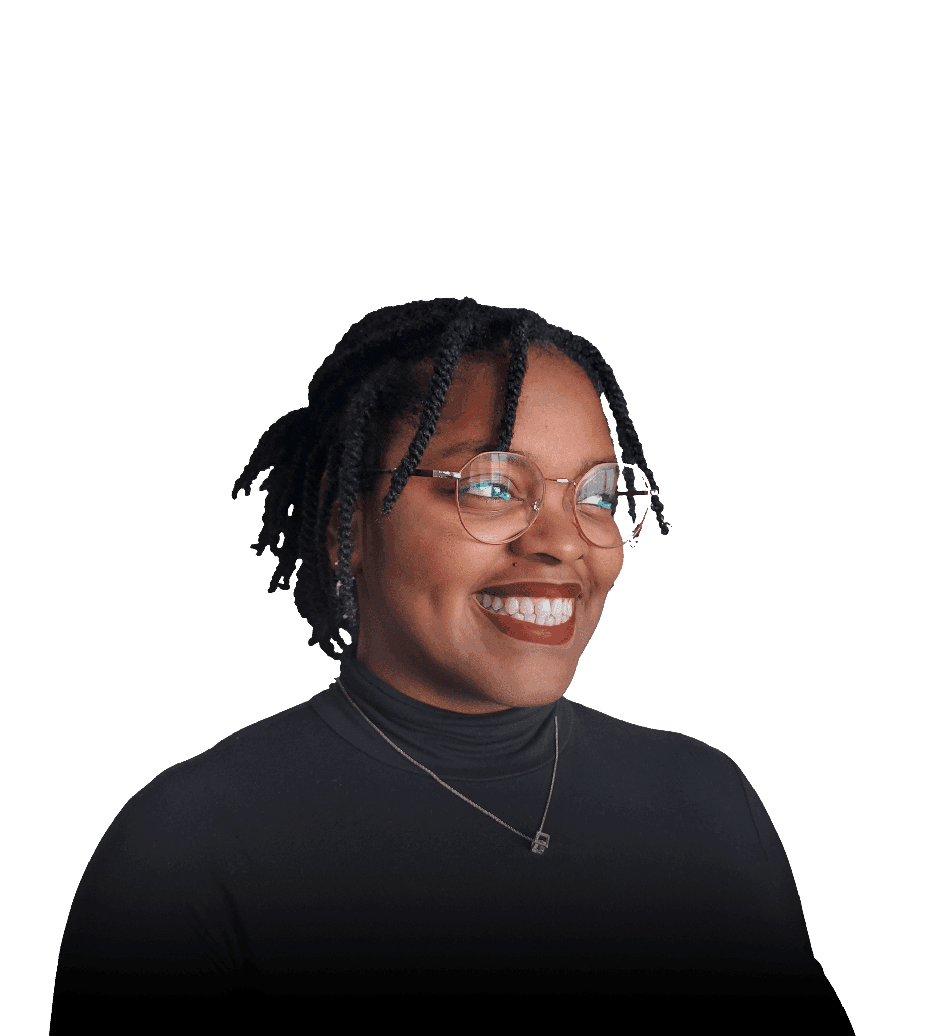 Black female, wearing a black turtleneck, dark red wire frame prescription glasses, a small cube pendant necklace, red lipstick, and short afro twists.