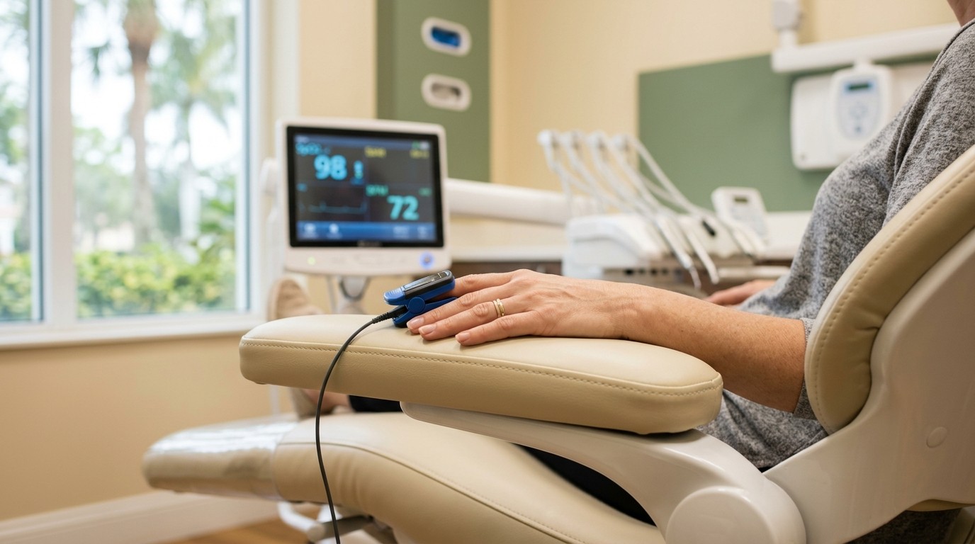 Peaceful patient's hand resting on a dental chair armrest with a small pulse-oximeter clip on a finger
