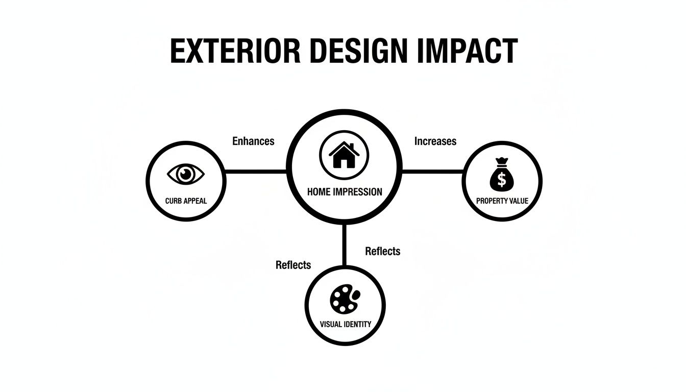 Diagram illustrating the impact of exterior design on home impression, curb appeal, property value, and visual identity.