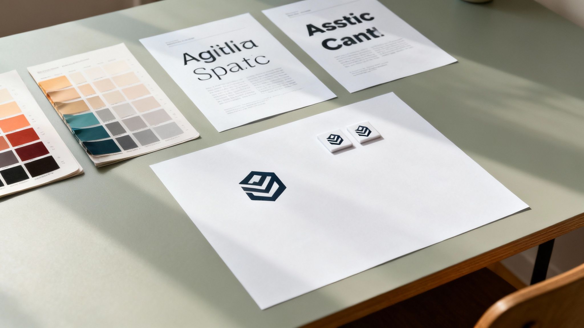 A collection of colour swatches, typography samples, and logo designs laid out on a table.