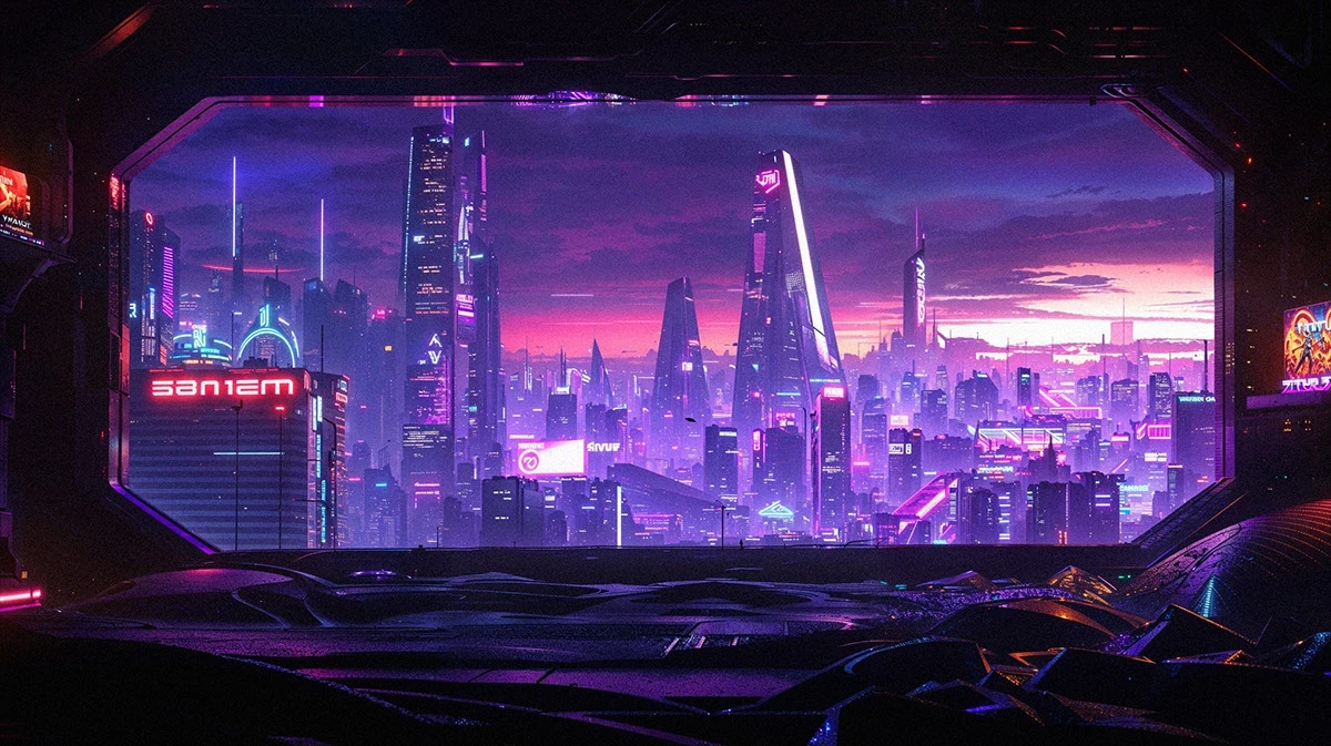 Octagonal window with a neon city skyline at sunset