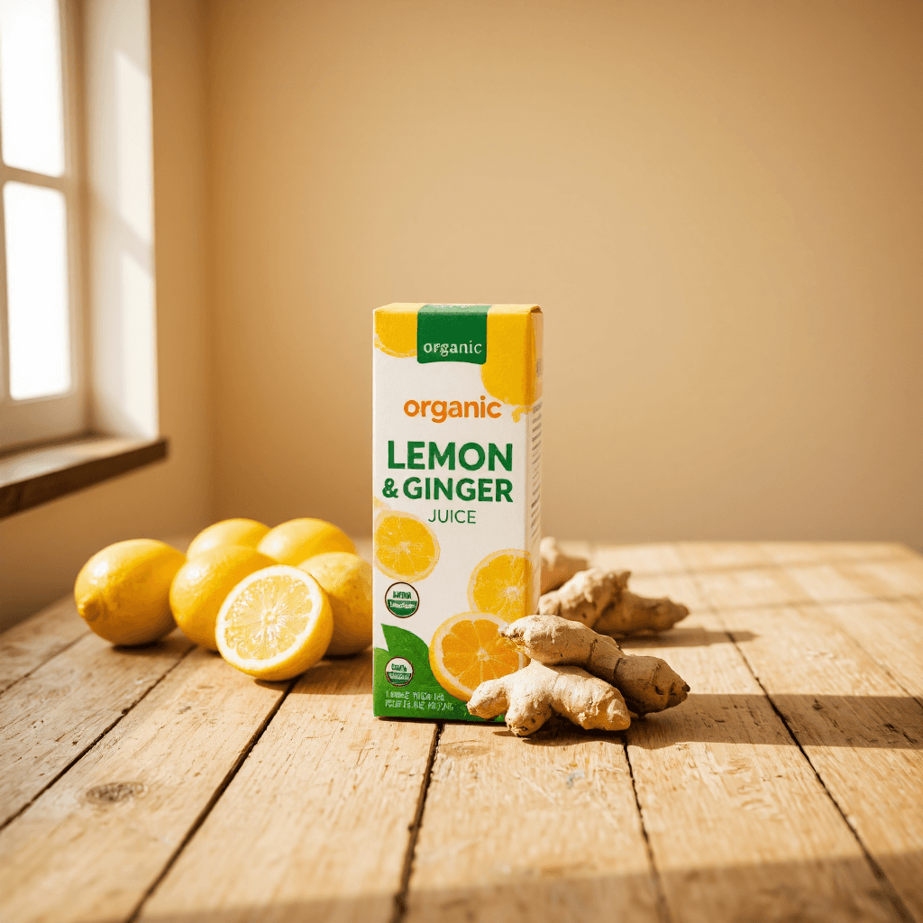 product photography of a box of organic lemon and ginger juice