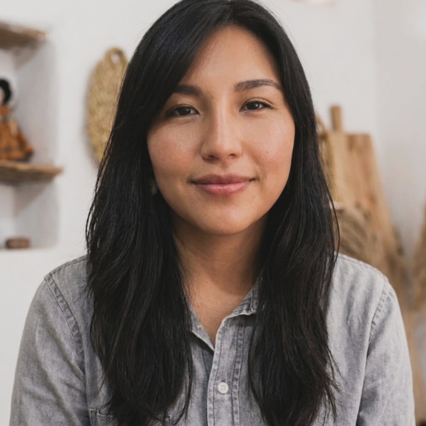Smiling woman in beige linen outfit standing indoors with plants and books in the background.