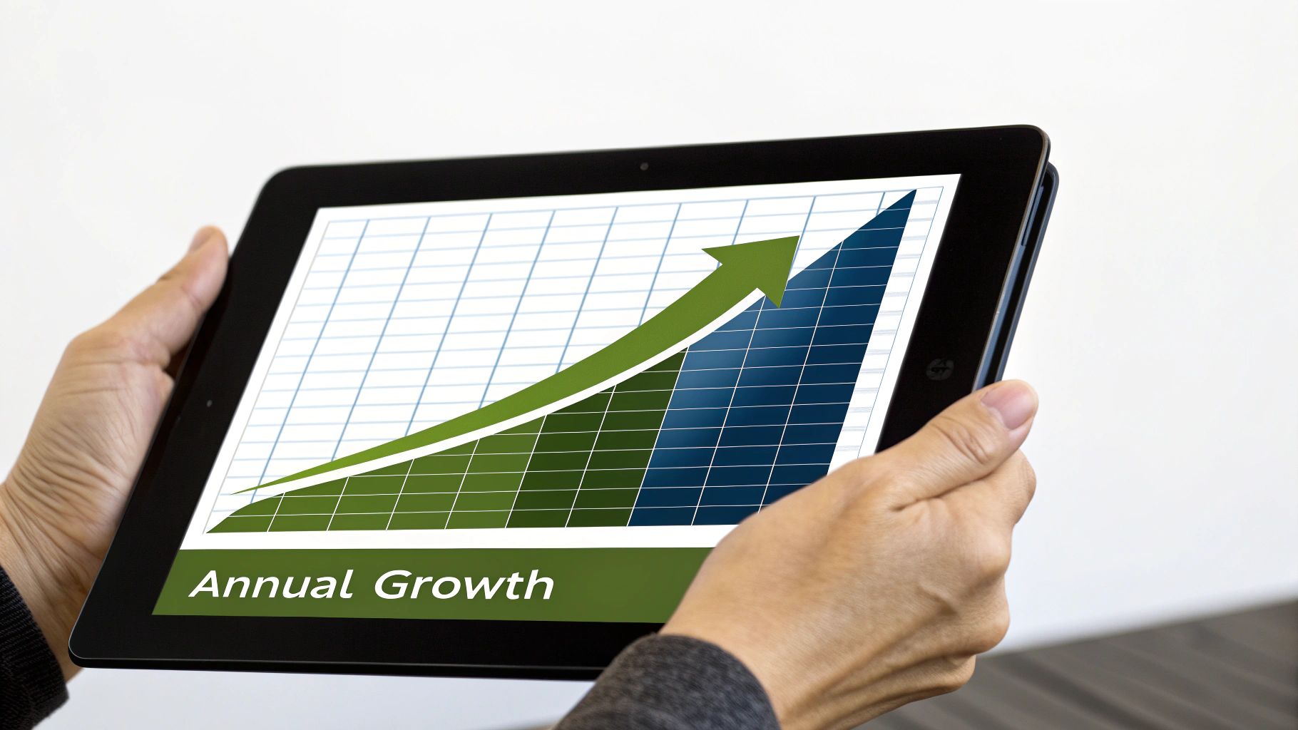 A visual representation of compound annual growth, with an upward-trending arrow weaving through multiple years on a timeline.