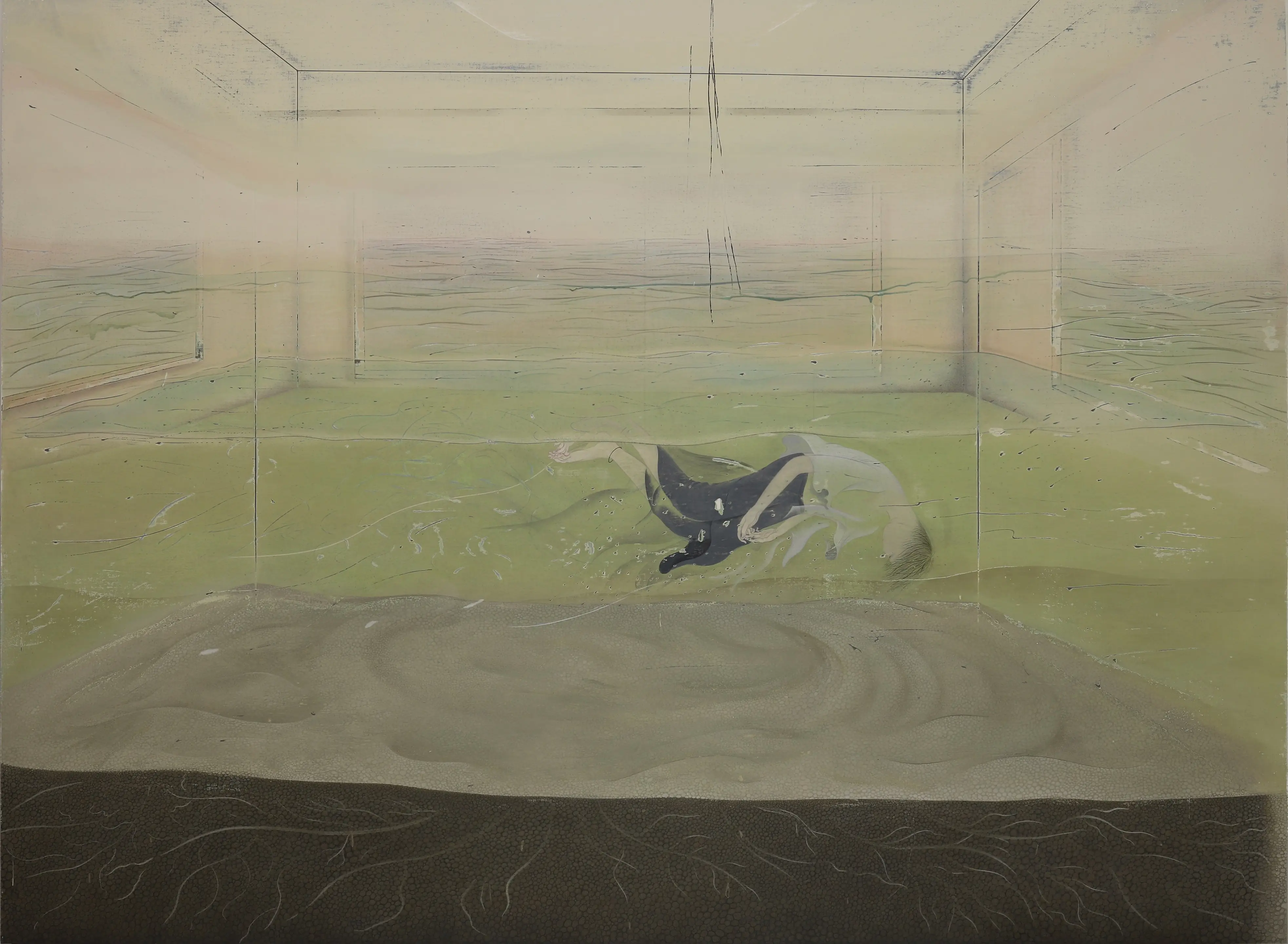Painting of a dark-clothed figure submerged and adrift in a flooded box-like room, the water green and turbulent above a dark layered ground, in olive green, grey and black