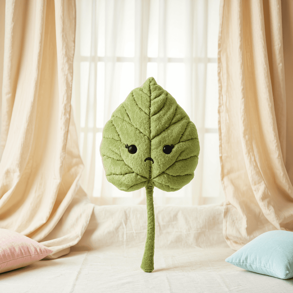 product photography of a plush toy shaped like a leaf with a face, designed for decoration or comfort