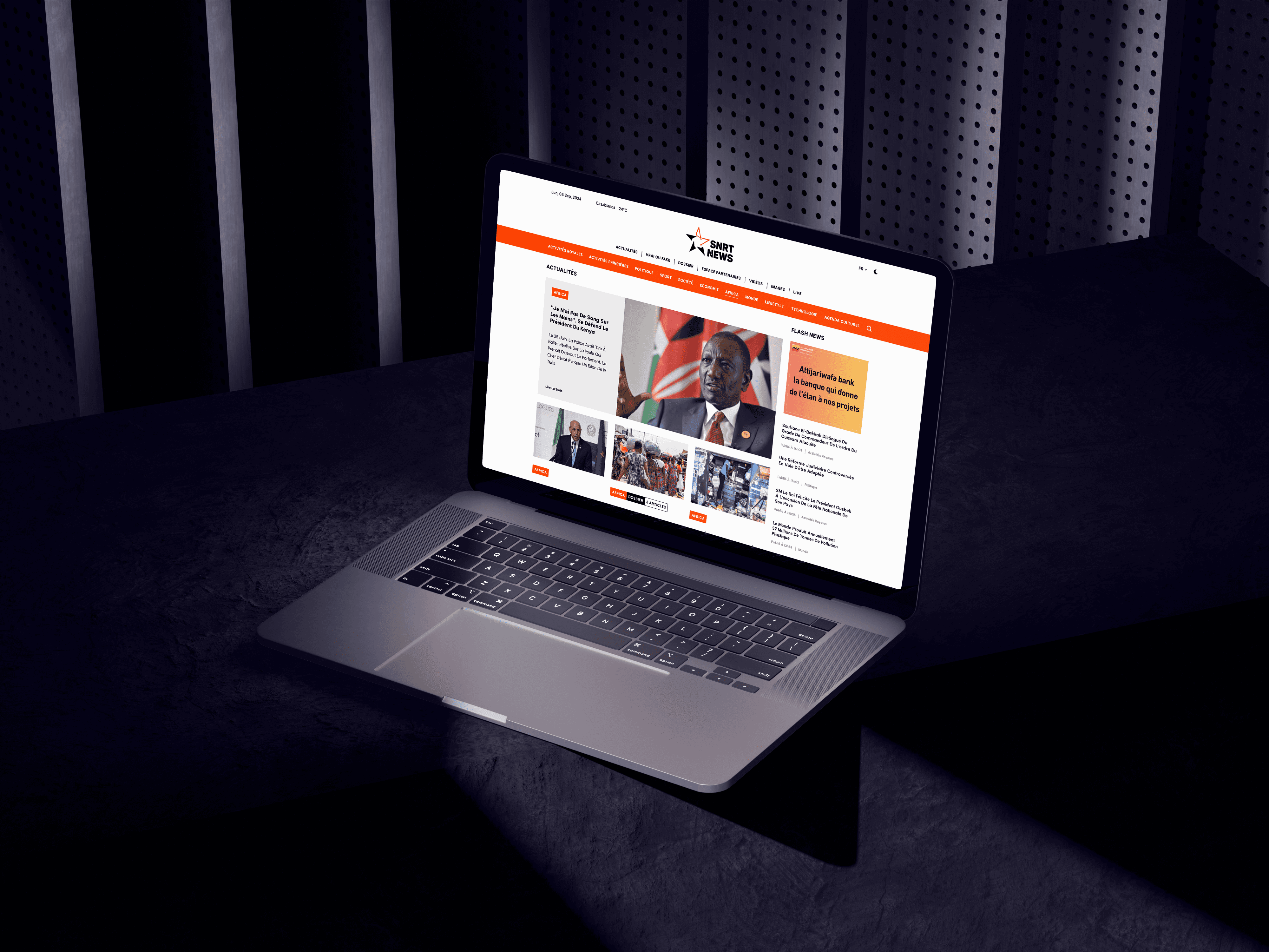 Dynamic color theming — every category owns its color.  Africa turns orange, the interface adapts the rest.