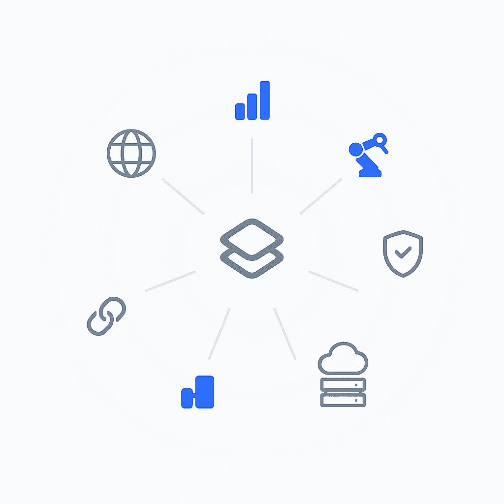 Six-spoke radial diagram around a central platform hub representing key criteria for selecting a GEO solution
