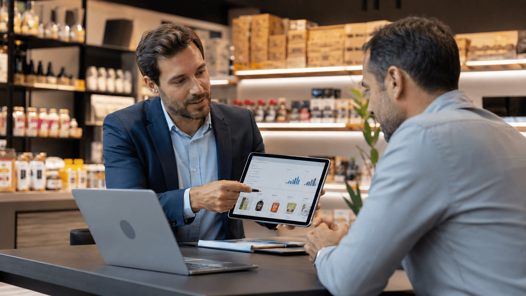 Representante comercial mostrando um portal B2B em um tablet durante uma visita presencial a um cliente, em um ambiente moderno de distribuidora. A cena mostra colaboração e uso de tecnologia para acompanhar histórico de compras, fechar pedidos e apoiar o aumento das vendas. Há produtos organizados ao fundo, notebook sobre a mesa e iluminação profissional em estilo realista 3D.