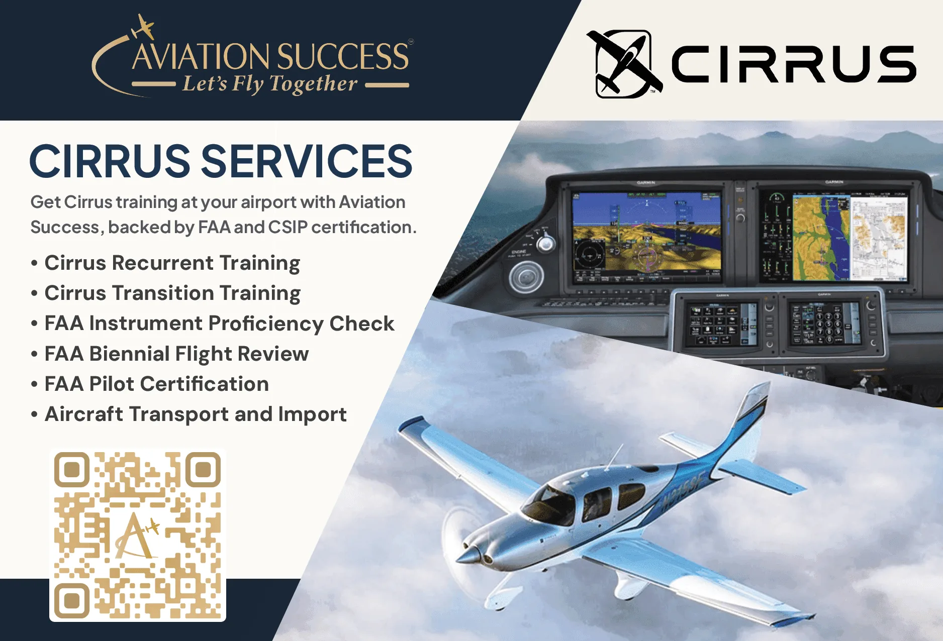 Aviation Success Cirrus landscape advertisement with Garmin glass cockpit displays and a Cirrus aircraft above clouds.