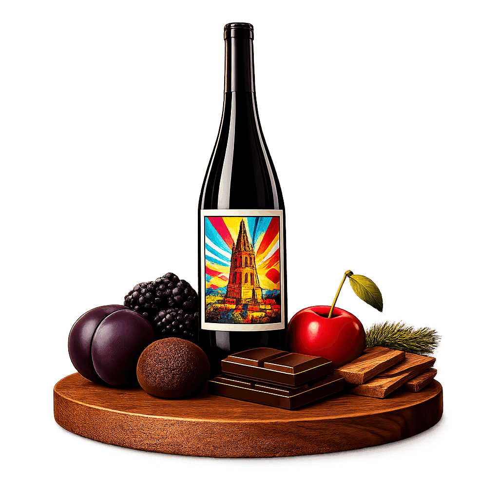 Artistic label and flavor profile for Bordeaux Saint-Émilion on a rustic wooden table.