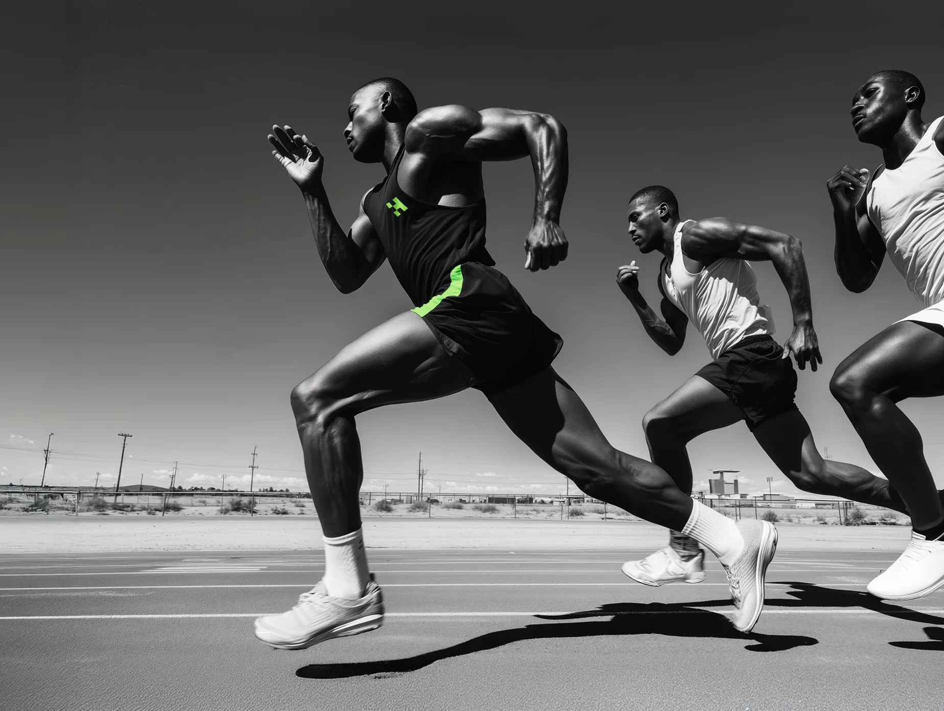 Black and white image of multiple athletes sprinting on a track wearing Hyperdrive athletic wear.