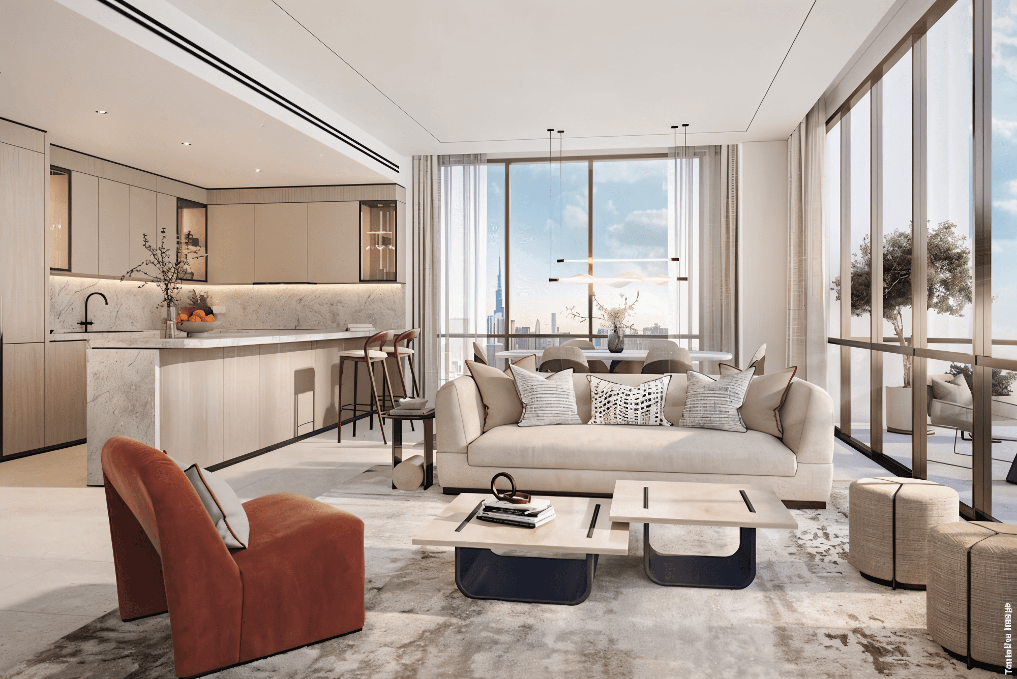 A chic living room with a large artwork on the wall, embodying the Binghatti Vintage style.