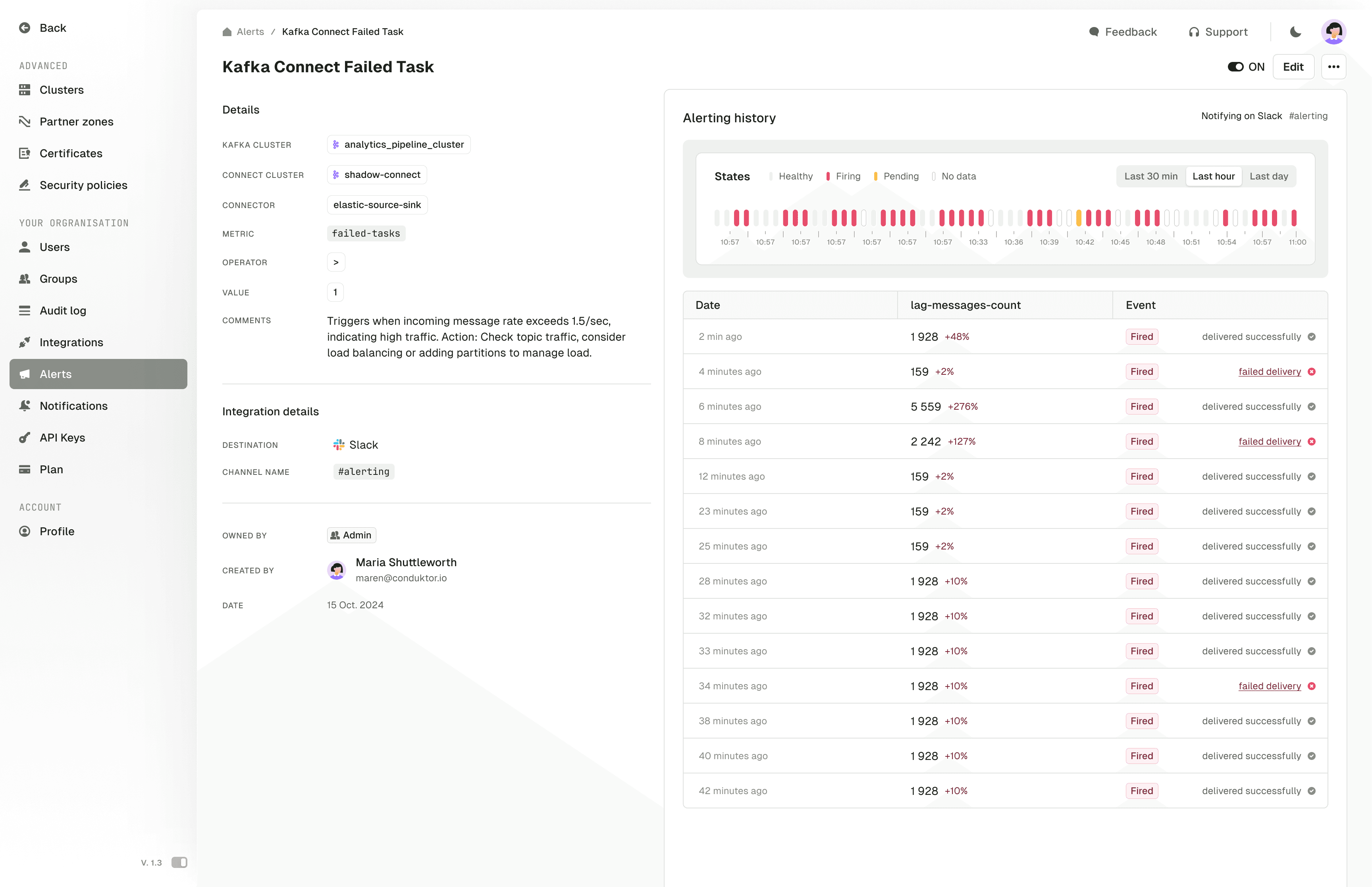 Alerting history in Kafka