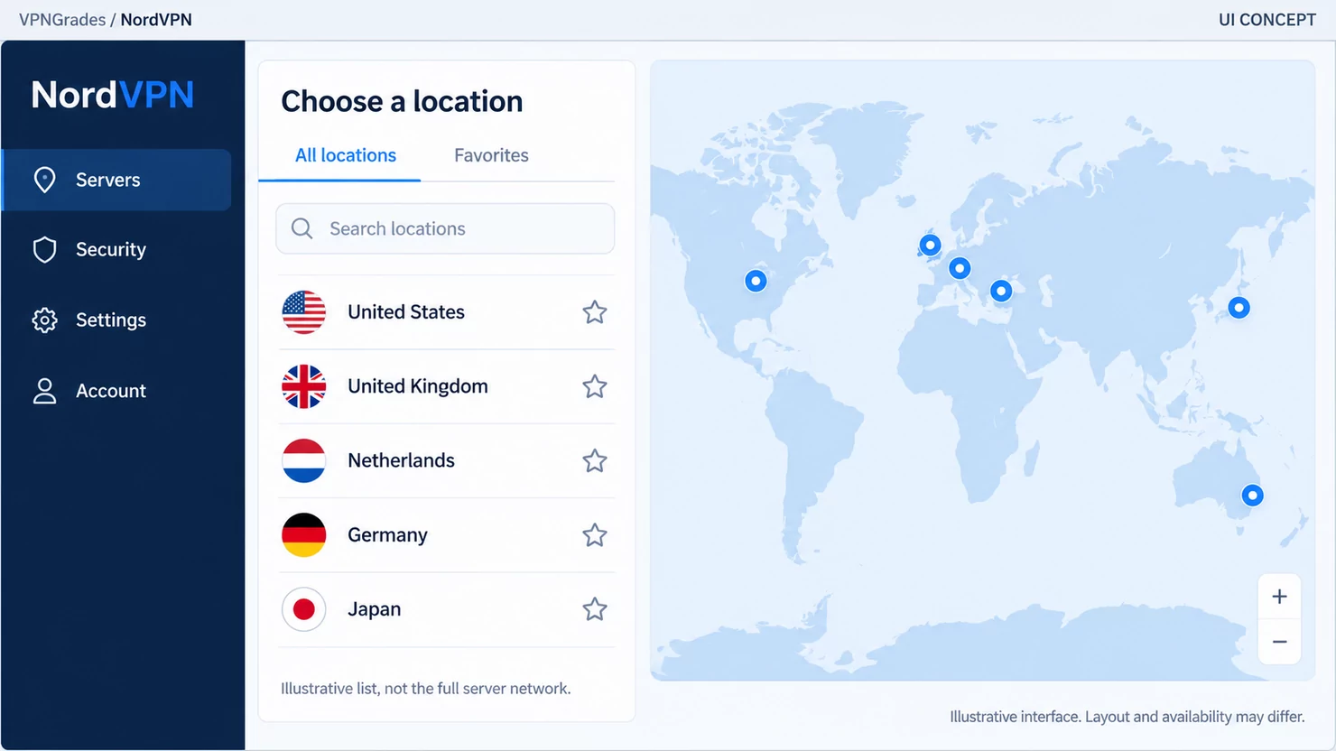NordVPN: a location picker concept (illustration).