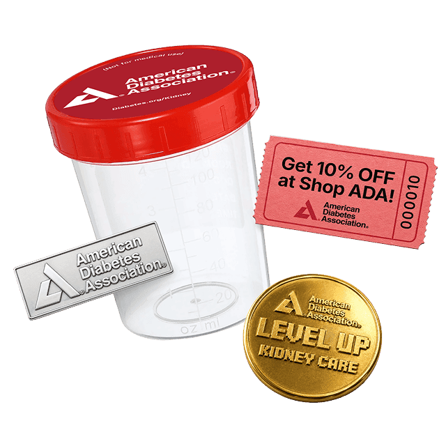 American Diabetes Association branded giveaways including a sample cup, discount ticket, lapel pin, and arcade coin.