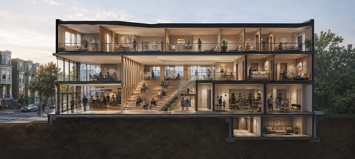 Educational programs occupy the second level, creating spaces for learning, creativity, and mentorship.