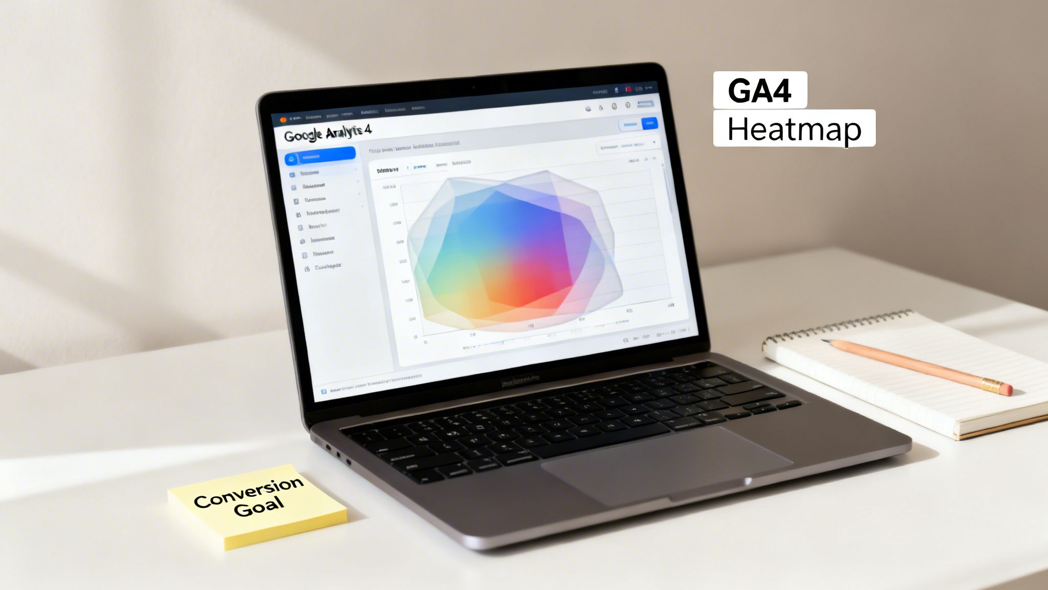 Laptop displaying a Google Analytics 4 heatmap, with a 'Conversion Goal' sticky note.