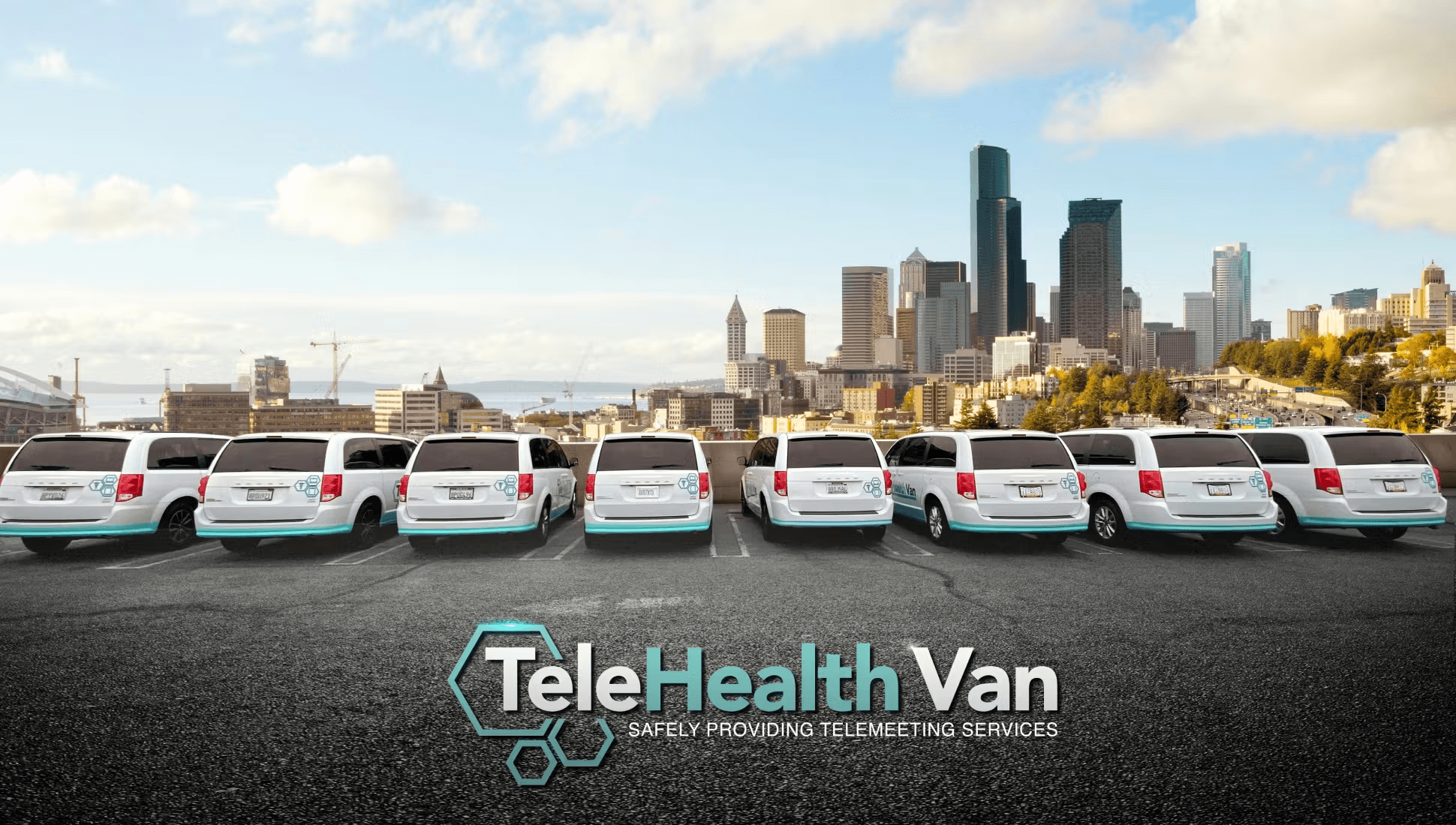a photo of multiple vans parked next to another in front of a a city skyline