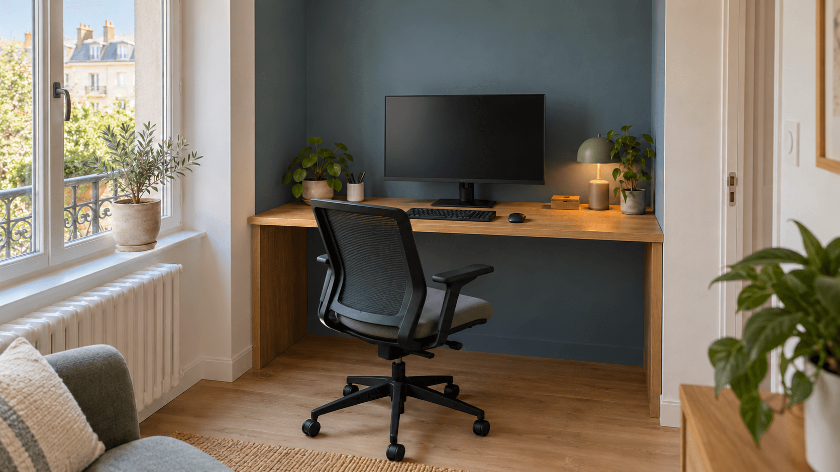 Bureau en bois dans une niche bleue près d’une fenêtre, avec écran éteint, clavier séparé et siège à dossier.