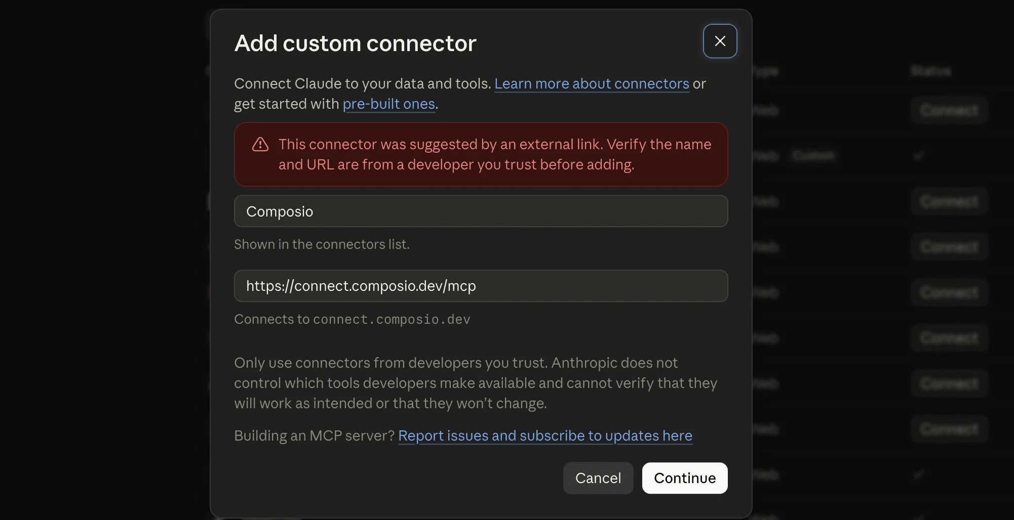 Claude Add custom connector modal with Composio details