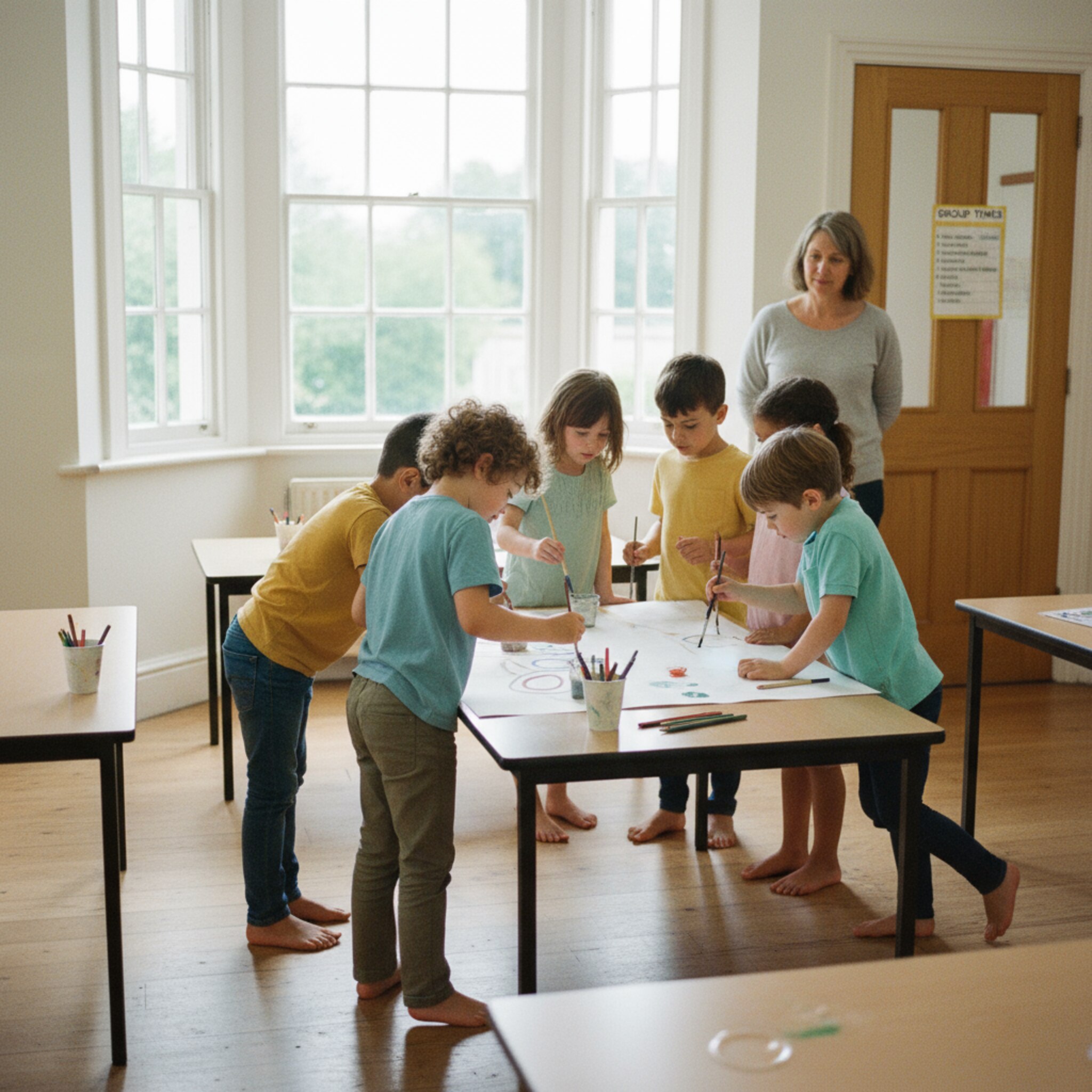 Ein heller Nebenraum der Schule mit wenigen Tischen, Kinder malen konzentriert an einem großen Blatt. Pinsel, Stifte und Wasserbecher stehen geordnet bereit. Eine Betreuerin beobachtet ruhig, neben der Tür hängt eine diskrete Liste mit Gruppenzeiten.