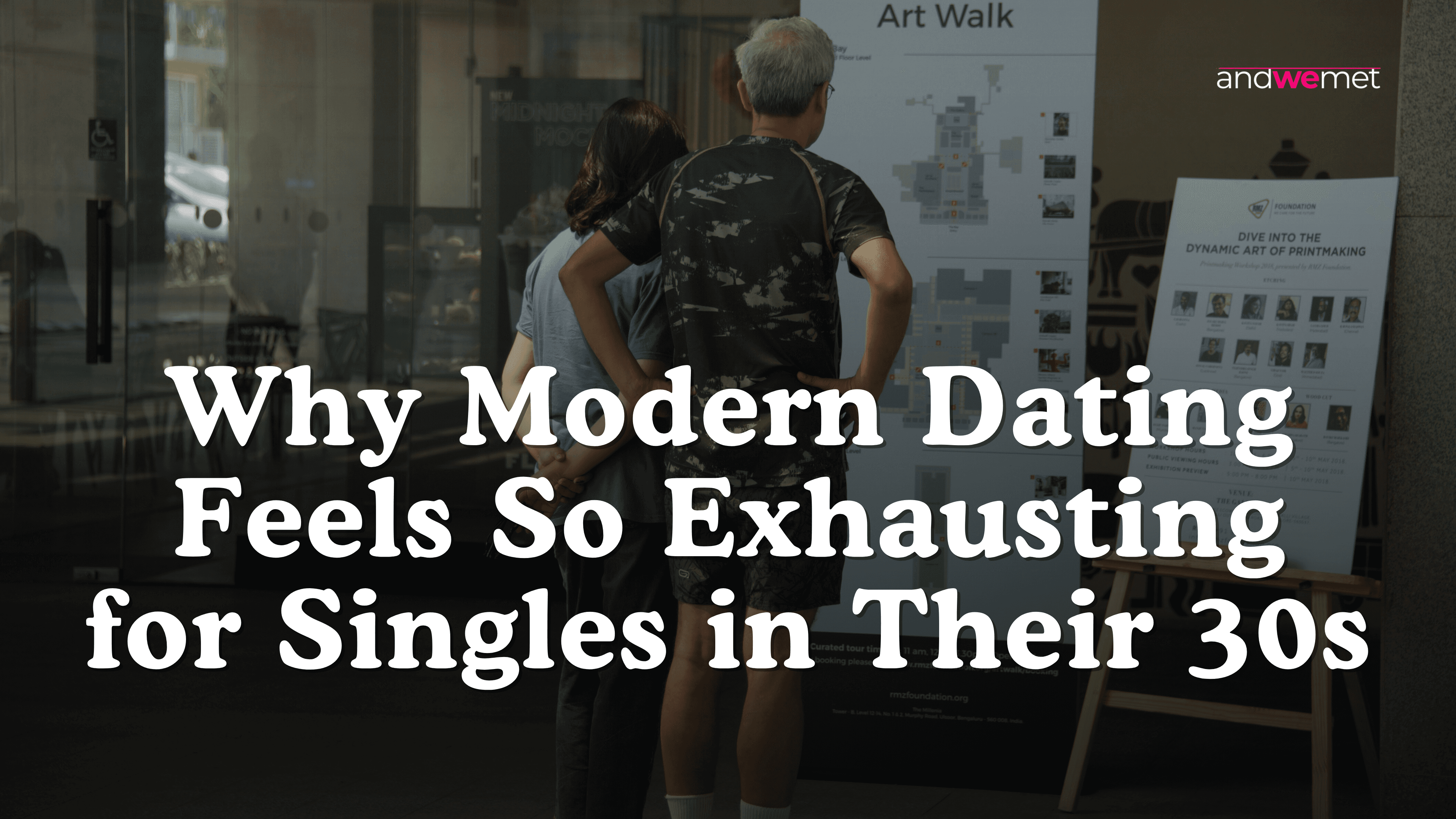 Couple viewing art gallery exhibition together representing meaningful connection amid exhausting modern dating landscape - andwemet blog on dating in your 30s