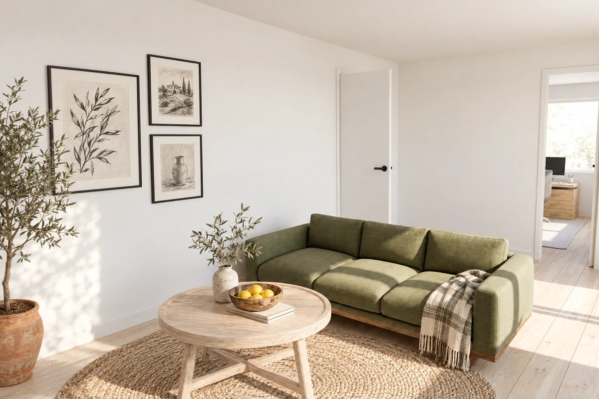 Living room rendered in a scandinavian style with the same custom sofa