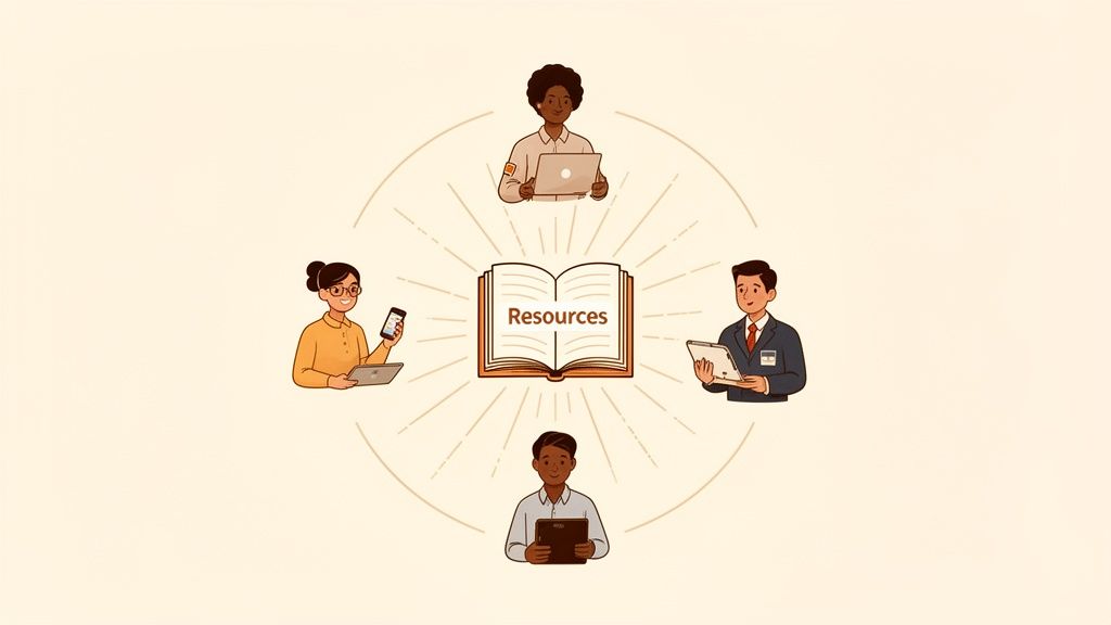 Diverse individuals use laptops, tablets, and phones to access resources from a central open book.