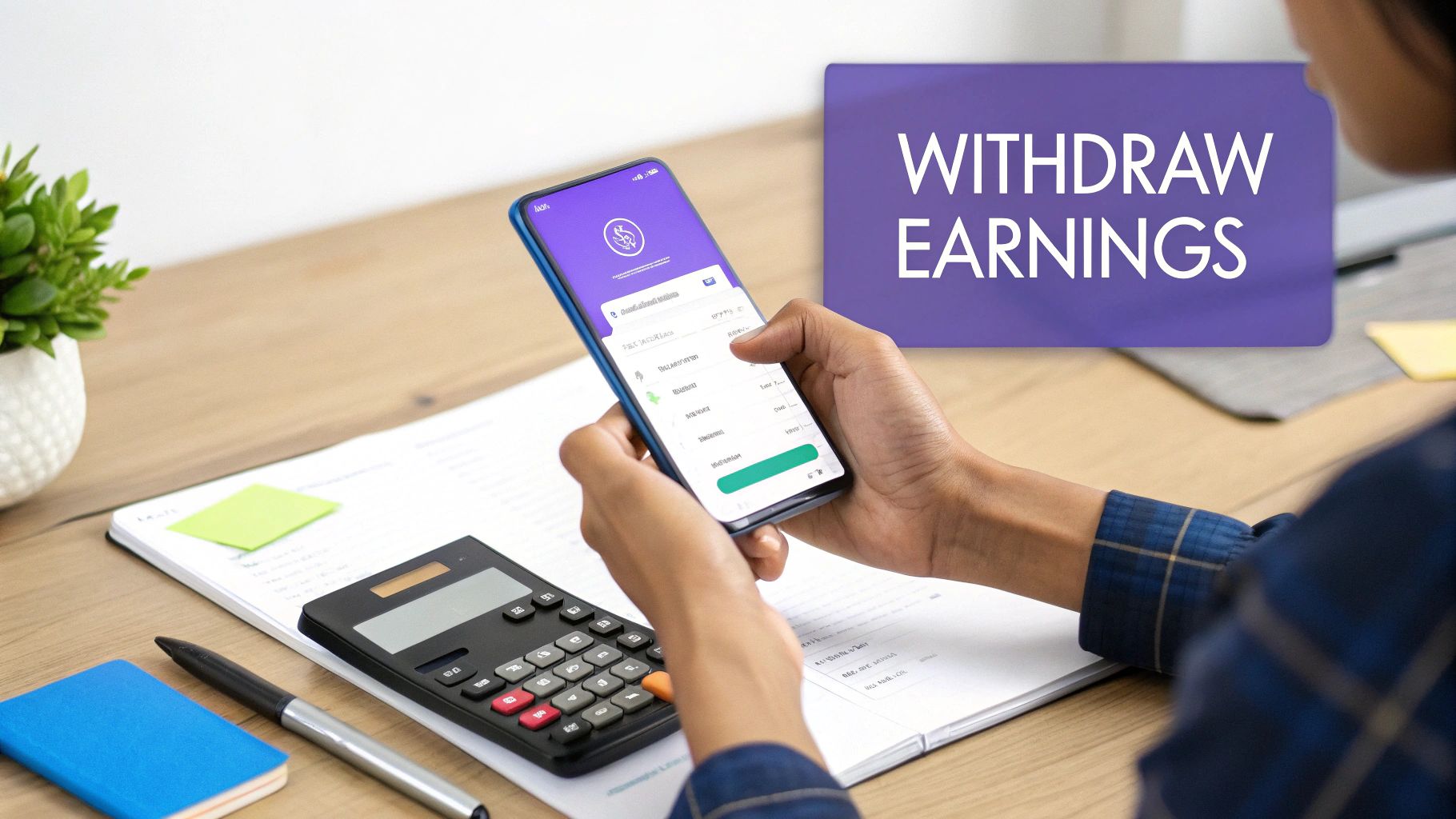 A person uses a smartphone app to withdraw earnings, with a calculator and notepad on the desk.