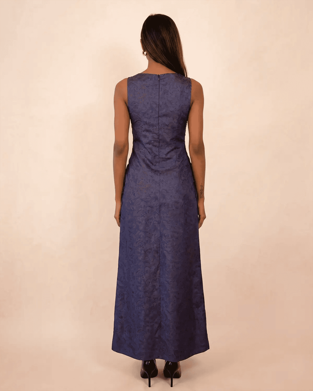Purple printed silk evening gown with teardrop neckline