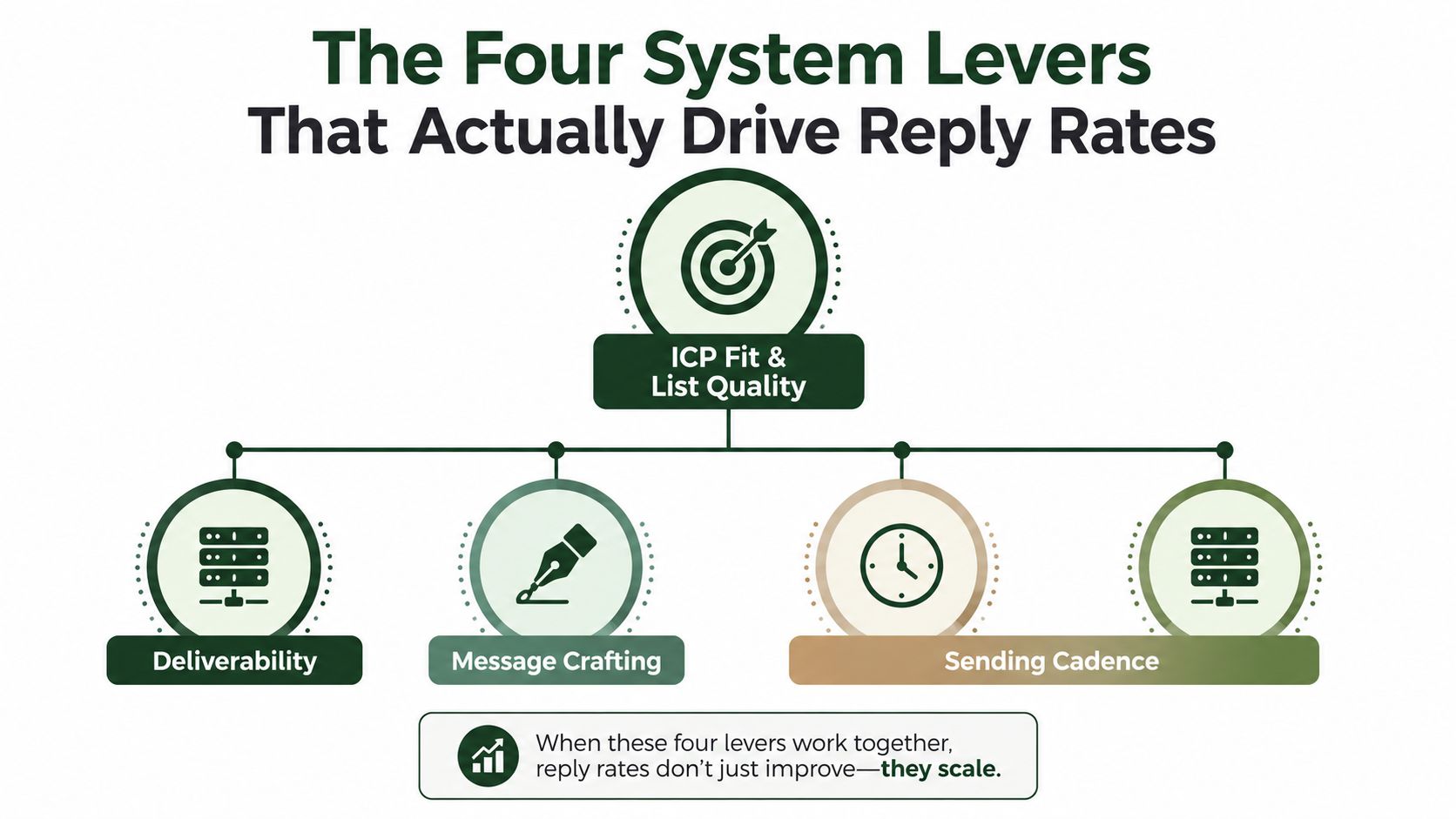 A diagram illustrating the four key system levers, ICP, Deliverability, Message Crafting, and Cadence, that drive email reply rates.
