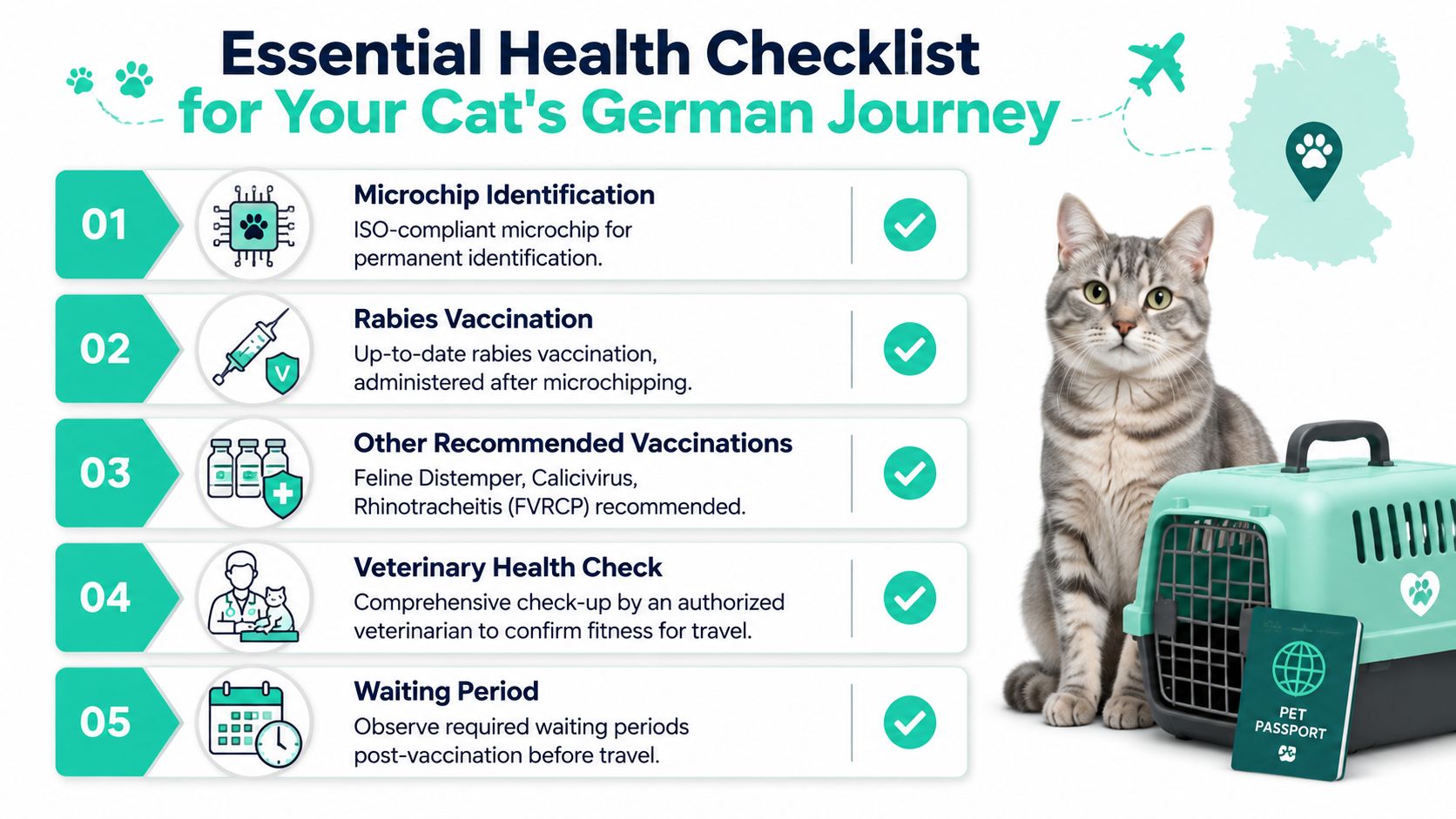A checklist illustrating five essential steps for traveling to Germany with a pet cat, including vaccinations and documentation.