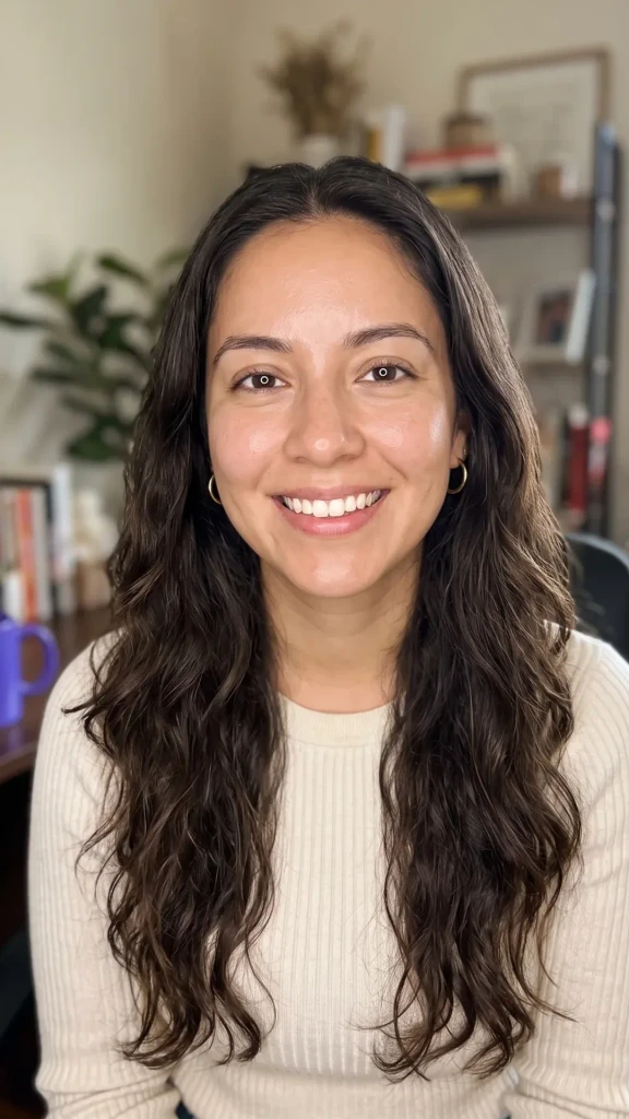 Lena smiling at her desk in morning light