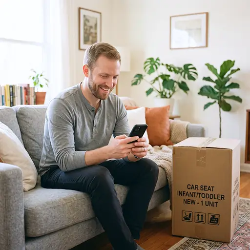 Man using Whisprice on his phone while sitting on a living room couch beside an unopened car seat box, smiling as he checks a stock alert notification.