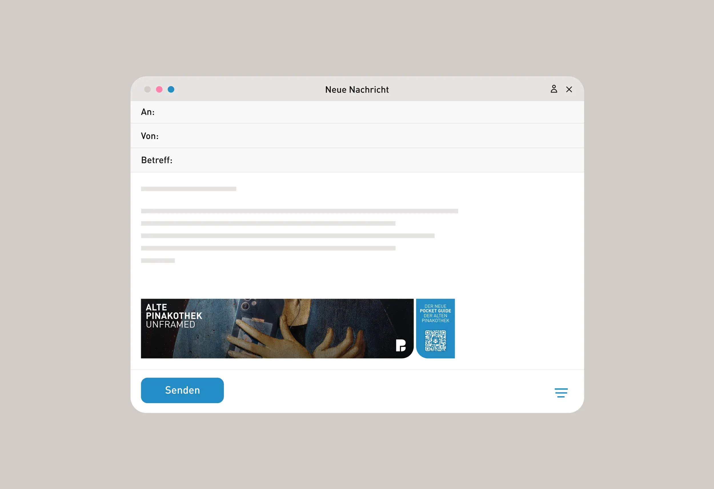 E-Mail-Mockup „Neue Nachricht“ mit Werbebanner: „Alte Pinakothek Unframed“, Foto einer Person mit Smartphone vor Kunstwerk und QR-Code zum Pocket Guide.