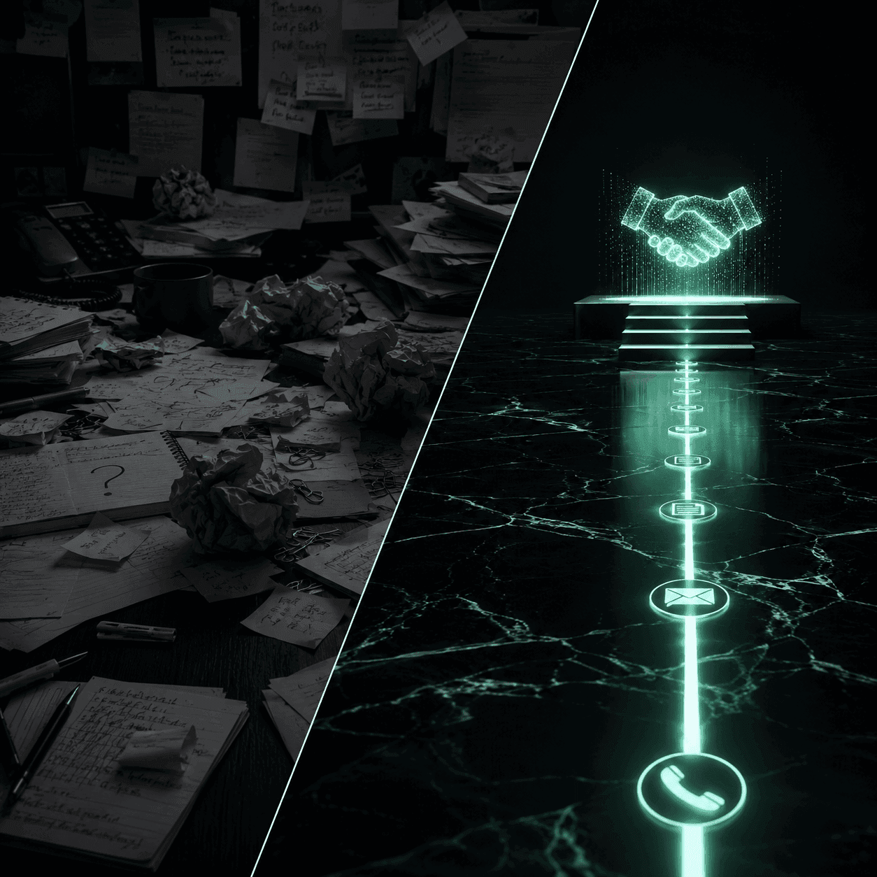 Split-screen visualization contrasting a disorganized sales process with a structured CRM system. The left shows a chaotic desk with scattered papers representing lost leads and poor follow-up. The right features a glowing neon green path of communication icons on dark marble, leading to a digital handshake that symbolizes client trust and successful lead conversion.