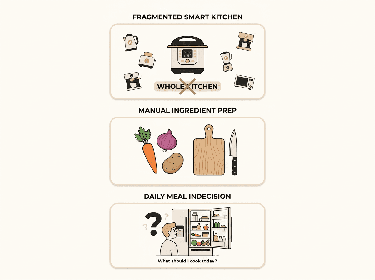 Infographic showing three smart kitchen limitations: no full integration, no prep, no dinner decisions