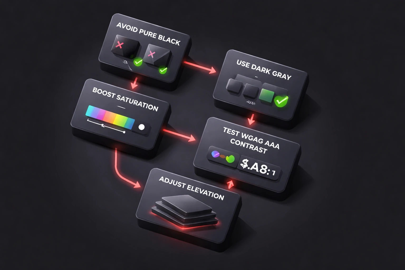 Isometric low‑poly flowchart on a dark background showing dark‑mode design steps with gray cards highlighted in red accent, connected by glowing arrows.