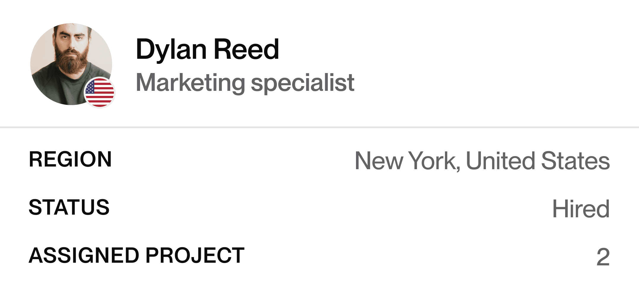 Dylan Reed's profile: Marketing specialist, Hired, New York, USA, 2 assigned projects.