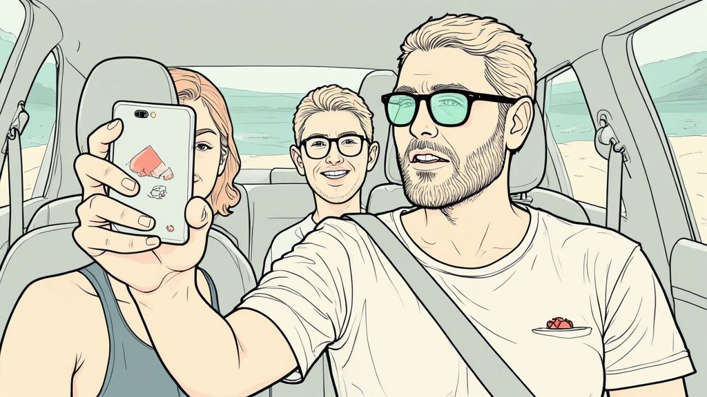 Eine Person hält ihr Smartphone in der Hand und schaut kritisch auf verschiedene unpassende Profilbilder, wie Selfies und Urlaubsfotos