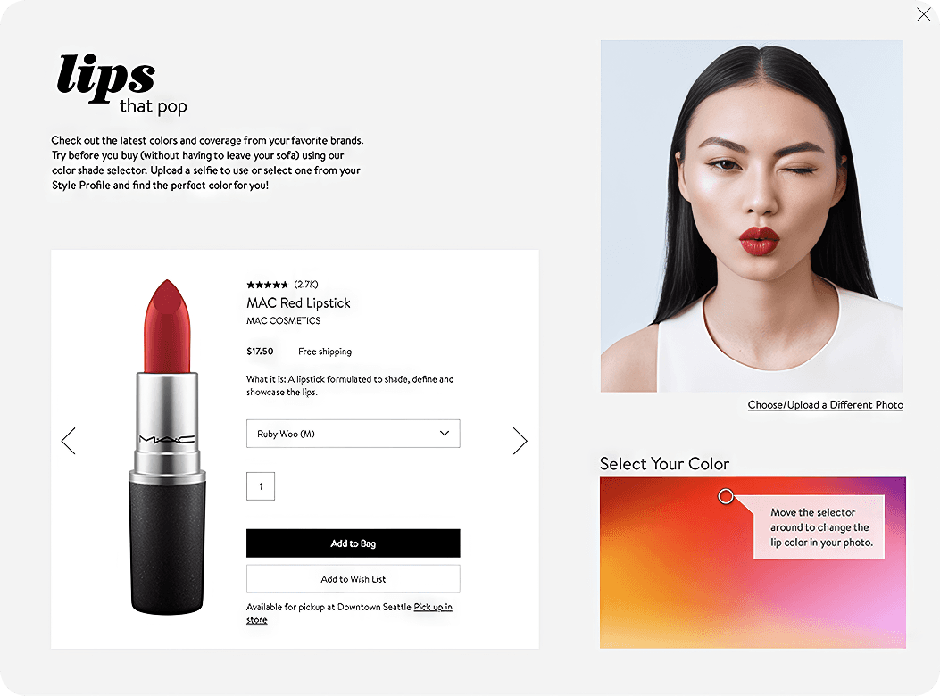 Nordstrom's virtual lipstick try-on tool showing MAC Red Lipstick with model photo and interactive color selector