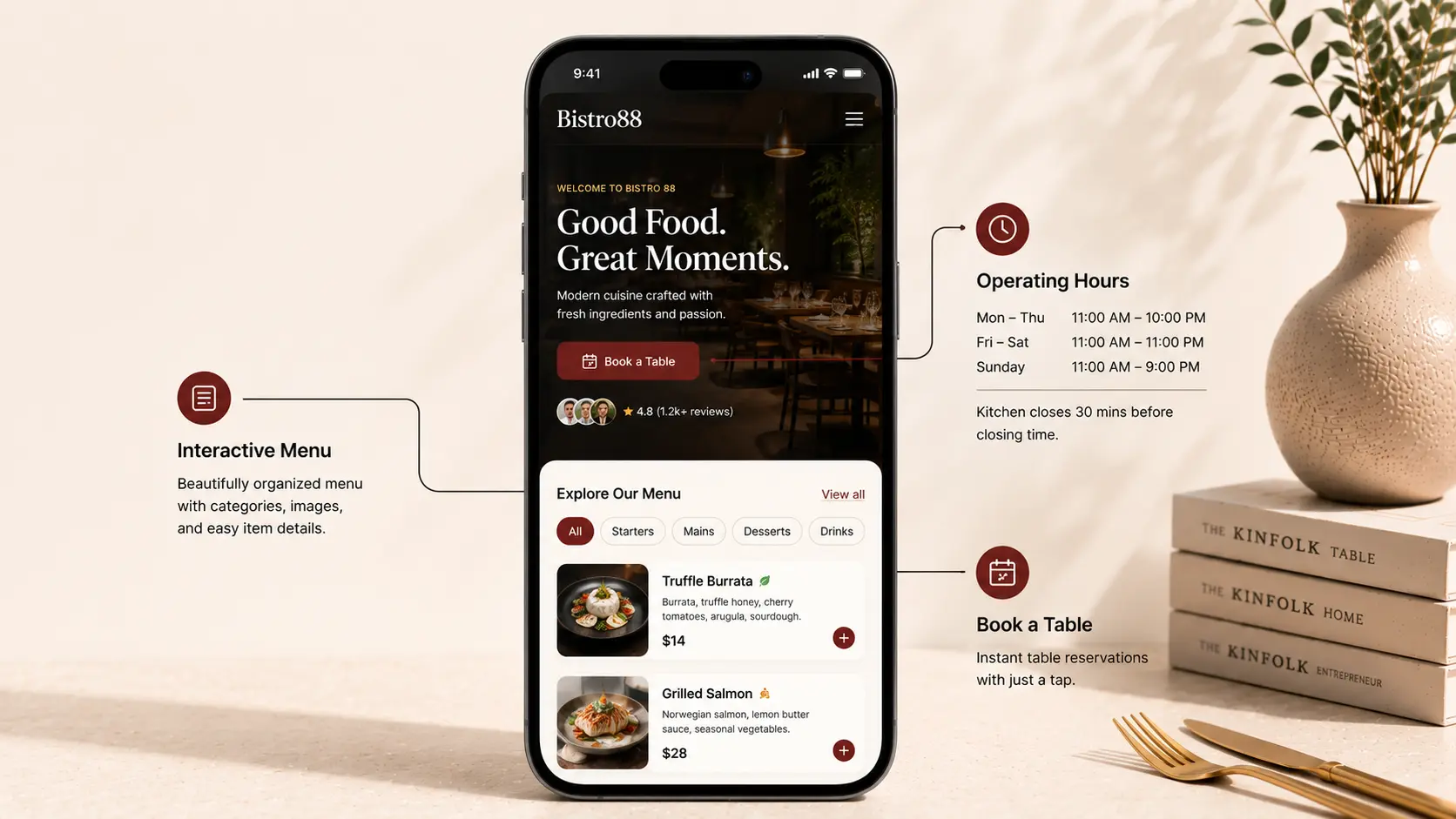 A mockup of a restaurant mobile home page showing an interactive menu, clear operating hours, and a direct 'Book a Table' button
