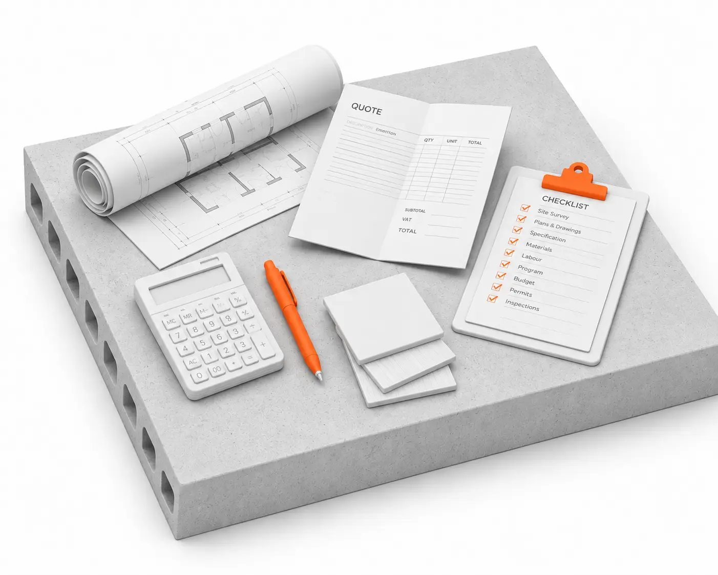 Isometrisches Modell mit orange hervorgehobener Checkliste