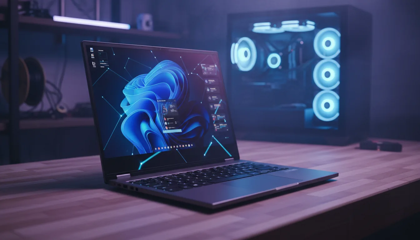 DSLR photography of a sleek, dark metallic, high-performance laptop open on a light-colored butcher block wooden workbench. The screen displays a generic abstract blue wallpaper and UI elements. The background is a tech workshop with a shallow depth of field, featuring a blurred custom PC tower with glowing blue circular fans. Moody cinematic lighting with a strong electric blue and purple ambient glow illuminates the scene, creating sharp reflections on the laptop's surface.