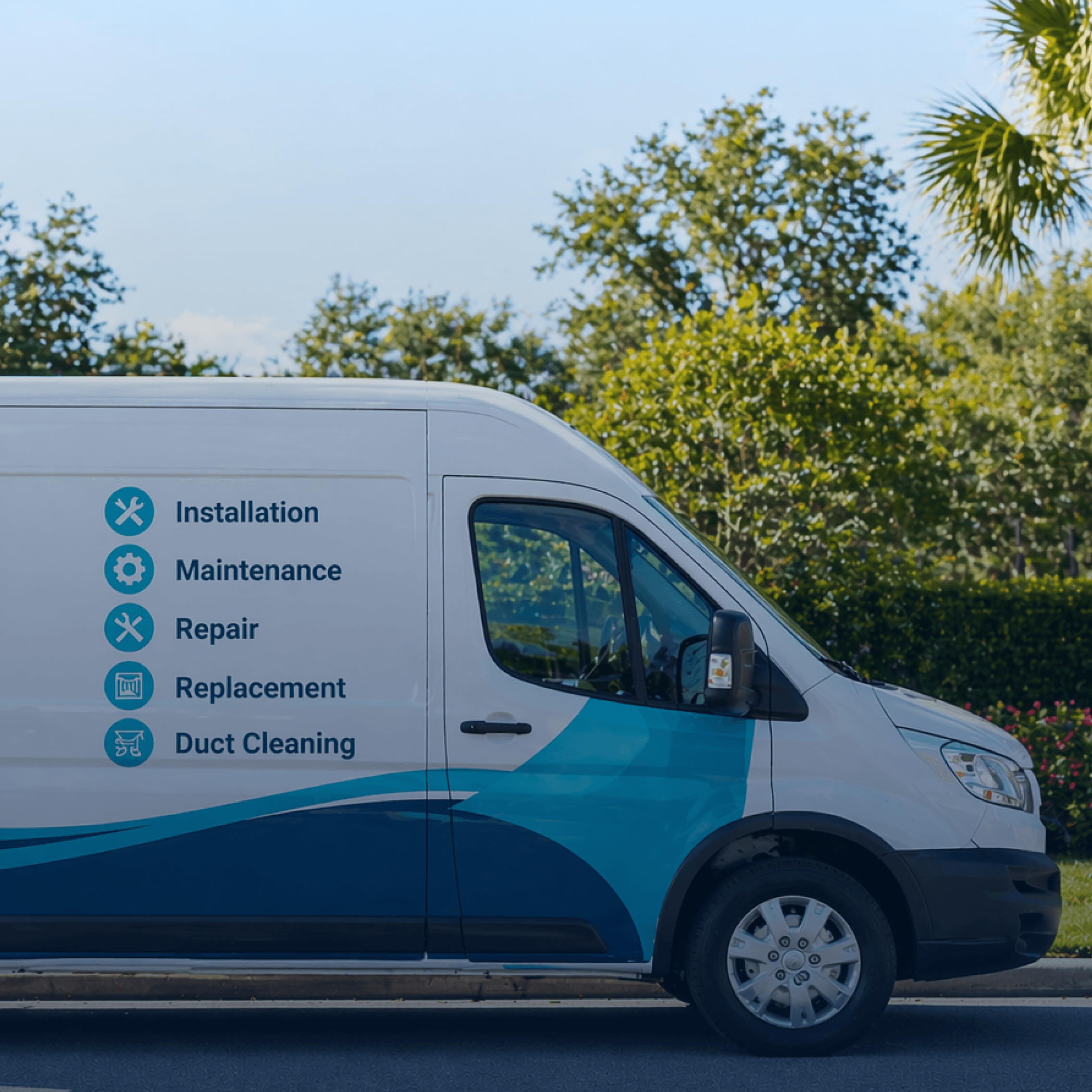 White and blue HVAC service van parked on a sunny street with service list on the side.