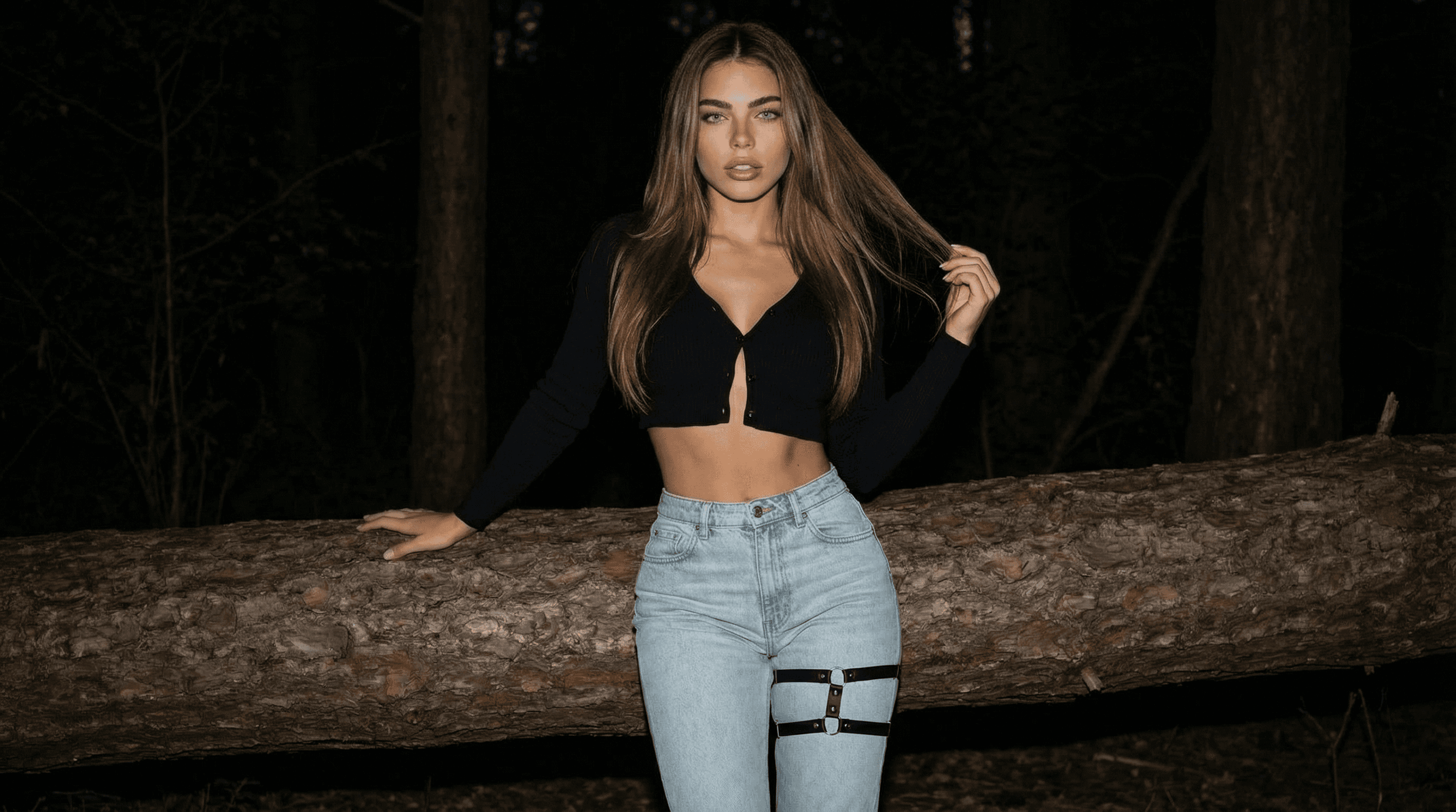 KI-Model im beigefarbenen Badeanzug macht Selfie in moderner Villa, sonniger Wohnbereich mit Pool und offenem Raum im Hintergrund.