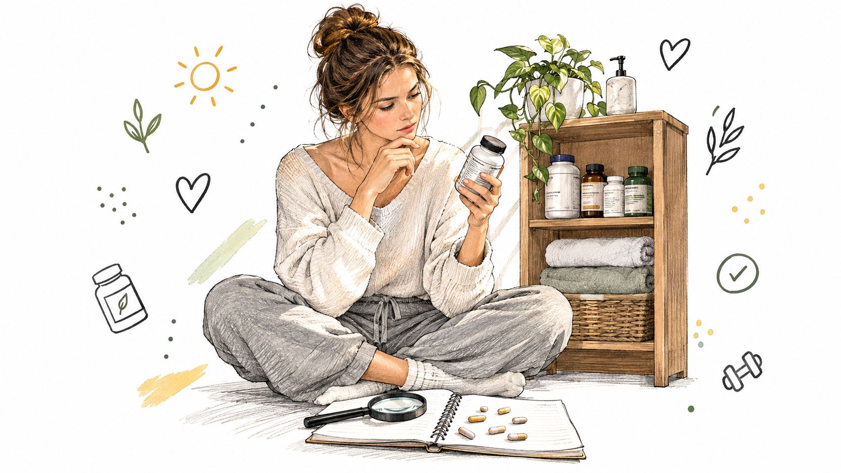 A young woman sits on the floor carefully examining a bottle of wellness supplements with a magnifying glass.
