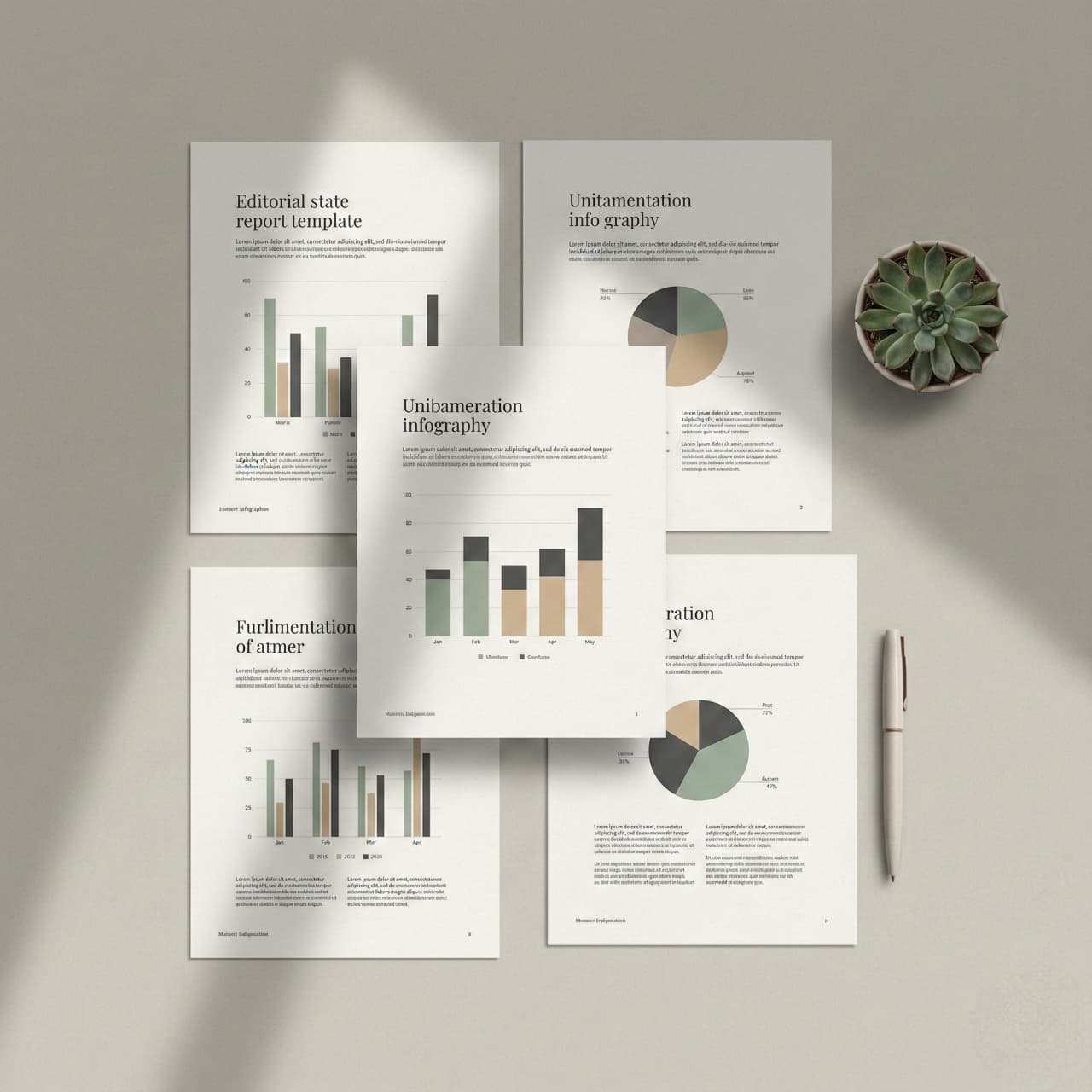 Five sheets of paper with charts and text are arranged on a desk with a pen and a small succulent. The tone is modern and professional.
